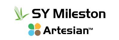 Logo SY Mileston Artesian, cu frunze verzi și puncte colorate.