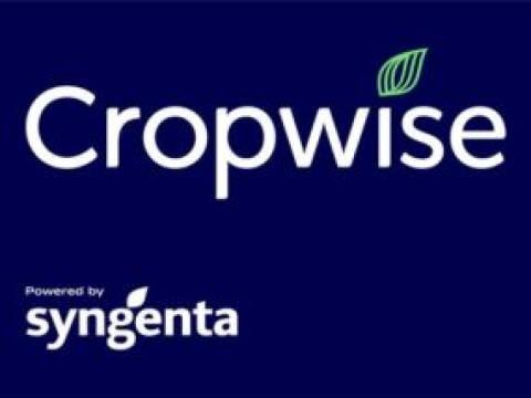 Logo Cropwise pe fundal albastru, cu text „Powered by syngenta”