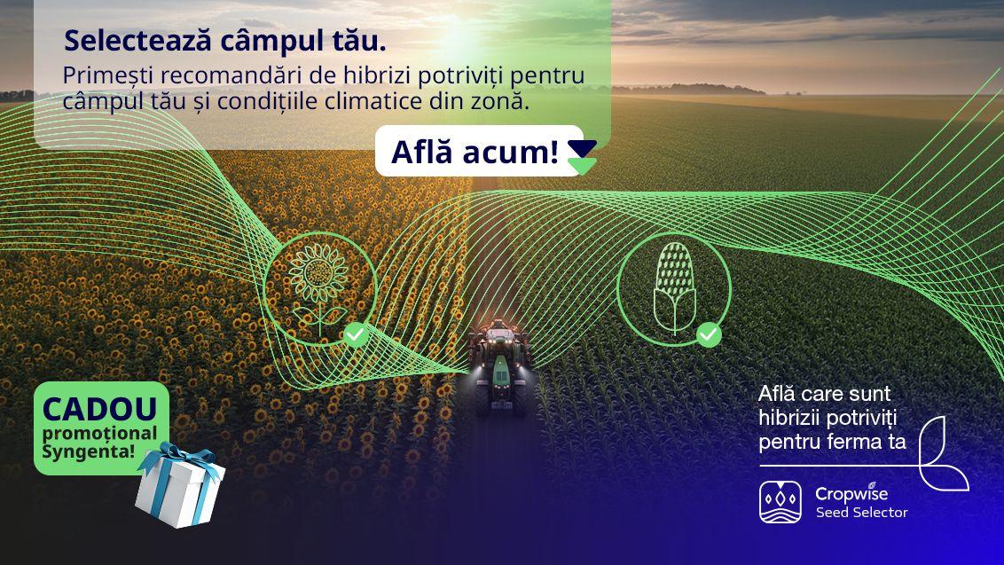 Grafic promoțional: câmp agricol cu tractor, rețea digitală verde și buton „Află acum!”