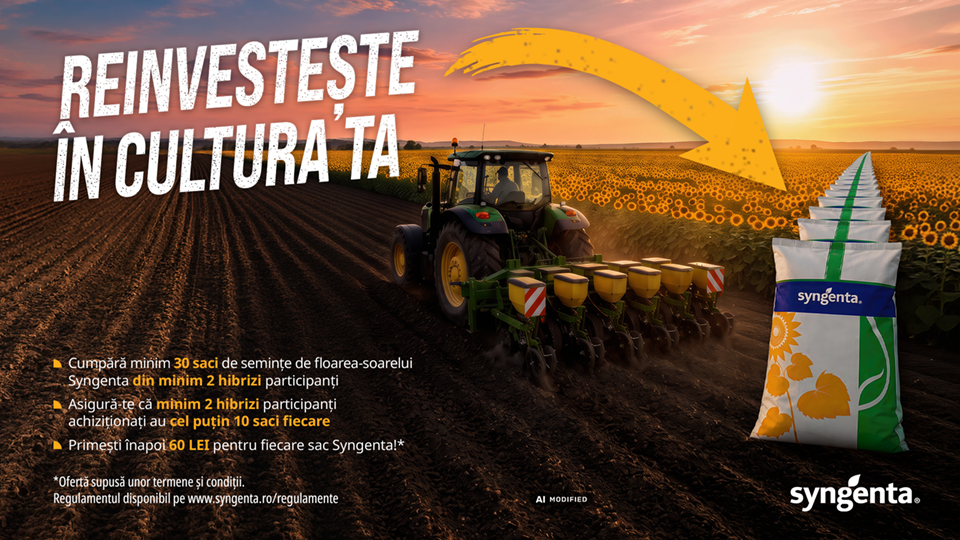 Banner promo: tractor pe câmp la apus, text „Reinvestește în cultura ta” și logo Syngenta