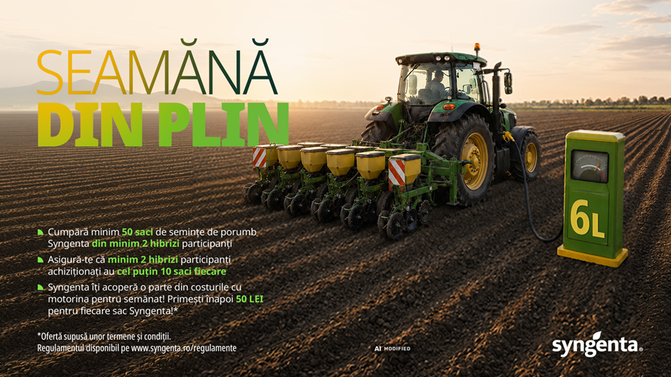 Reclamă Syngenta: tractor cu semănătoare pe câmp; bidon verde „6L” în dreapta