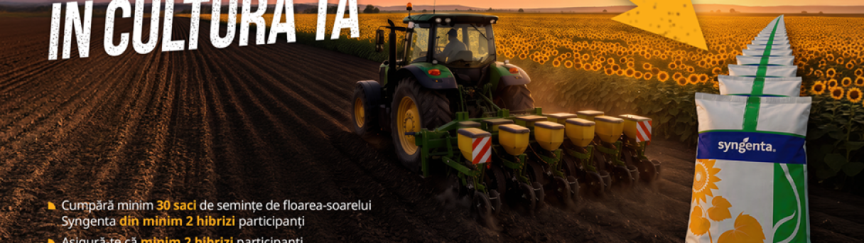 Banner promo: tractor pe câmp la apus, text „Reinvestește în cultura ta” și logo Syngenta