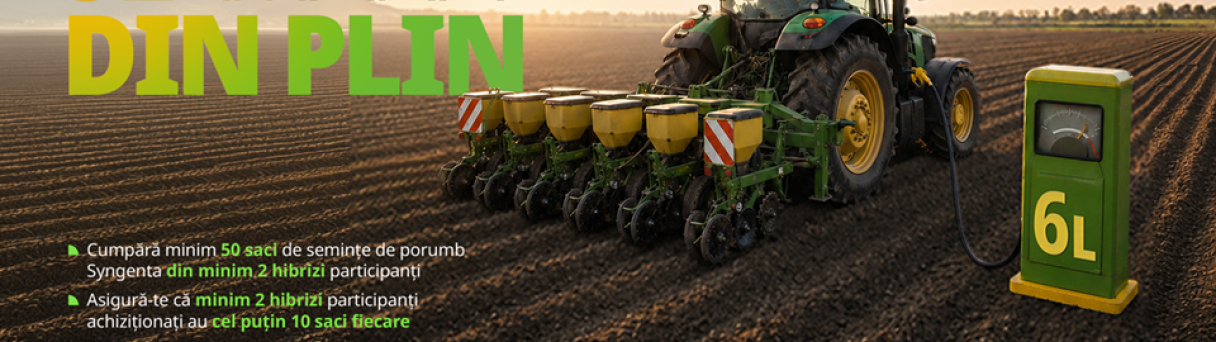 Reclamă Syngenta: tractor cu semănătoare pe câmp; bidon verde „6L” în dreapta