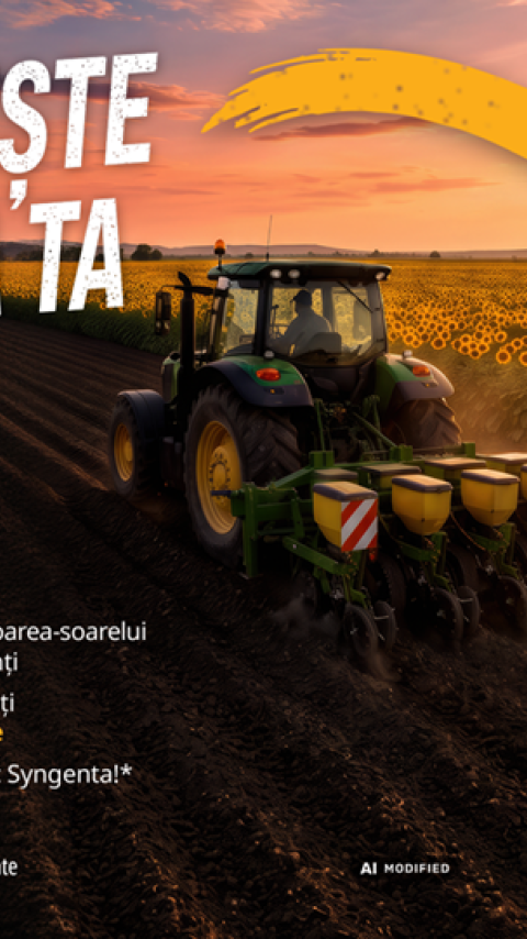 Banner promo: tractor pe câmp la apus, text „Reinvestește în cultura ta” și logo Syngenta