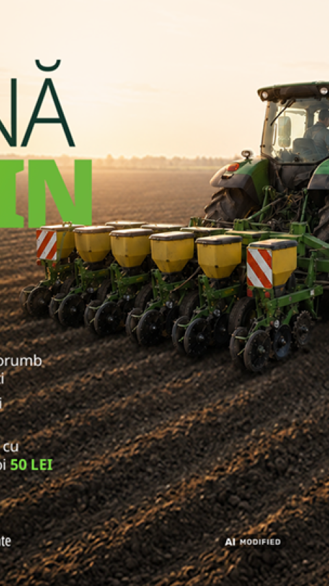Reclamă Syngenta: tractor cu semănătoare pe câmp; bidon verde „6L” în dreapta