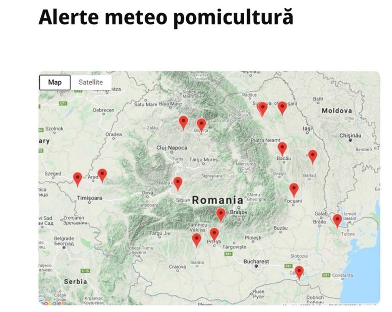 Hartă a României cu marcaje roșii pentru alerte meteo de ploi și vânt