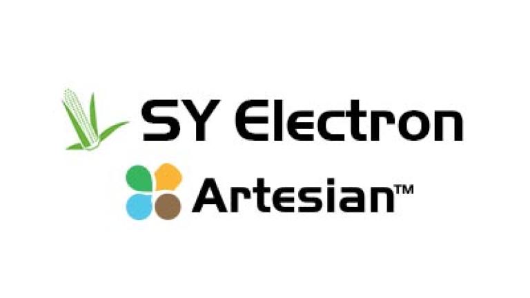 Logo SY Electron Artesian, text negru cu simbol verde și patru puncte colorate